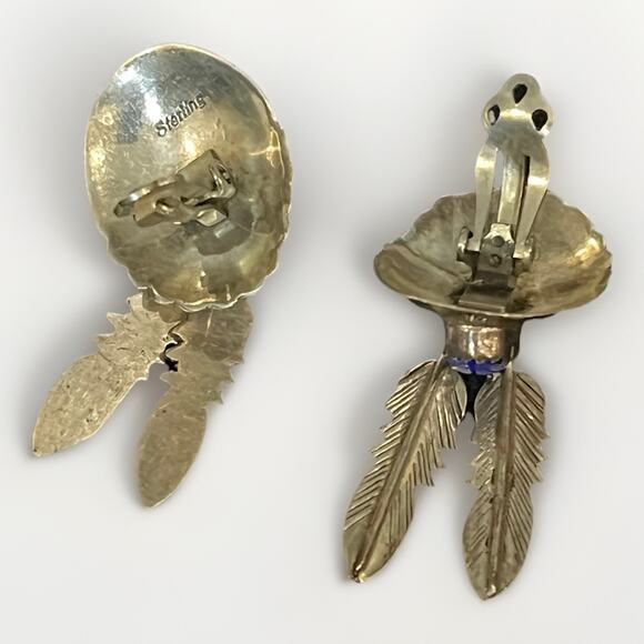 VTG Navajo Style Sterling Silver Feather Earrings w/ Blue Lapis Cabochon 9.6g - Picture 8 of 11